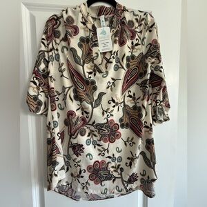 Paisley Grace Coffee Date Top Medium NWT Boho Paisley Blouse Roll Tab Sleeve